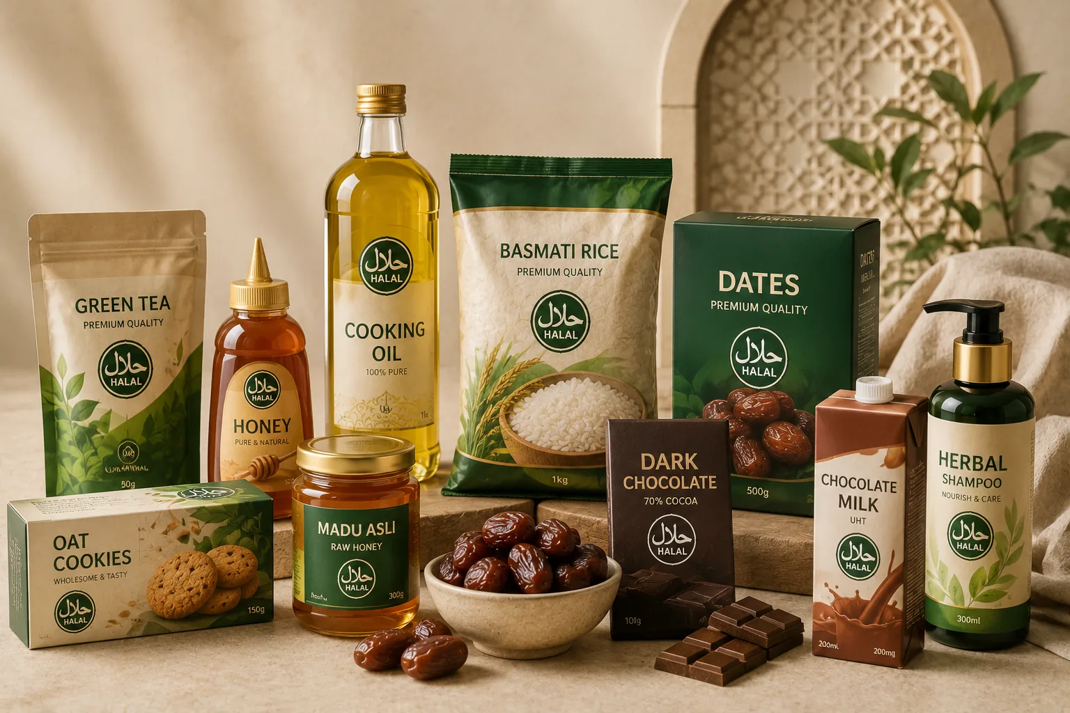 Halal-certified Malaysian grocery products arranged on a stone ledge