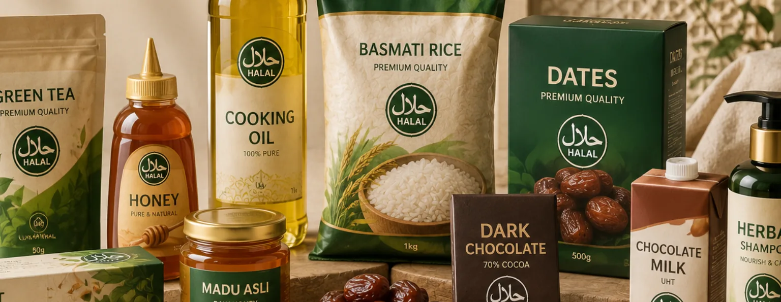 A spread of halal-certified products from a Malaysian seller